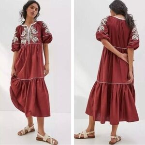 Anthropologie Red Maxi Dress with White Embroidery